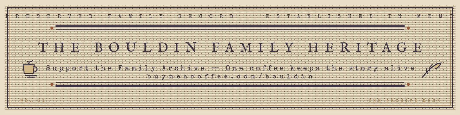 The Bouldin Family Heritage Buy Me a Coffee cover banner with an aged newspaper design